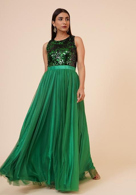 Green Sequin Work Gown