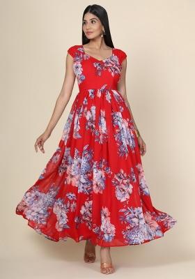Red Printed Georgette Gown
