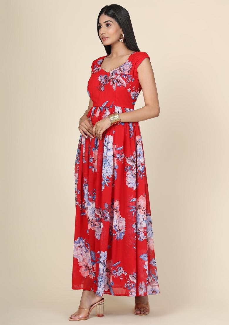Red Printed Georgette Gown - Indya