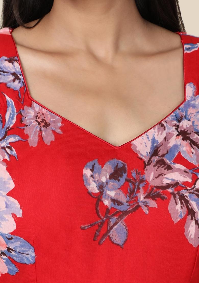 Red Printed Georgette Gown - Indya
