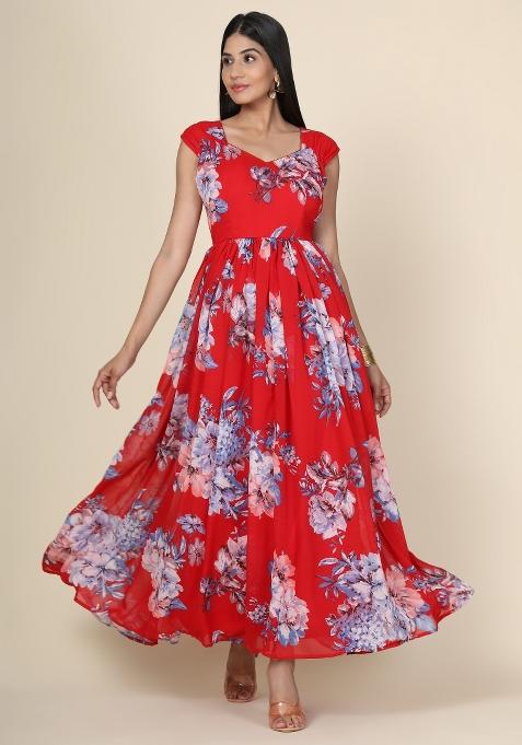 Red Printed Georgette Gown