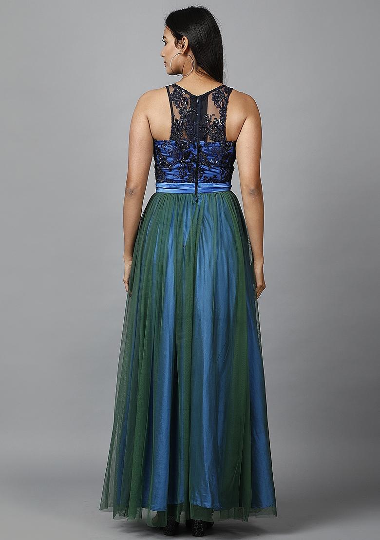 Blue Sequin Work Net Gown - Indya
