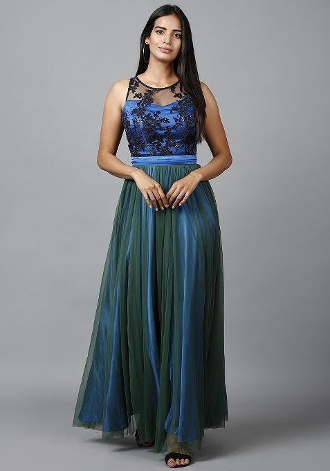 Blue Sequin Work Net Gown