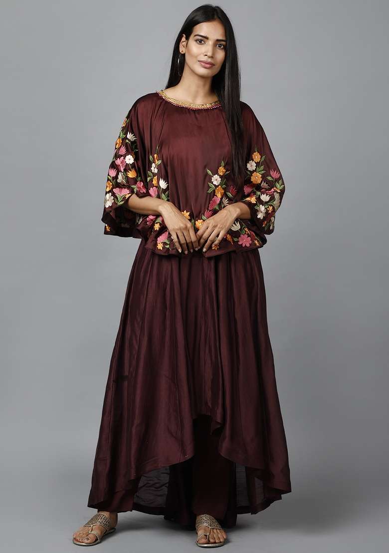 Maroon Thread Work Satin Kurta Set  - Indya