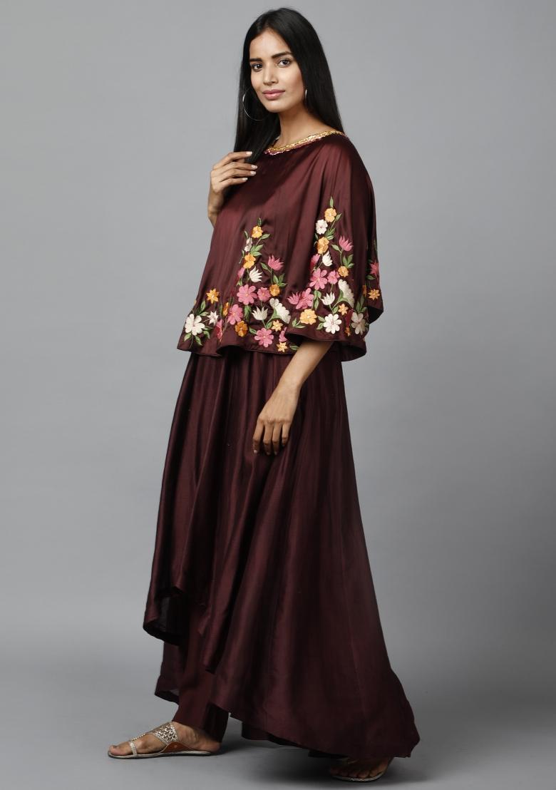 Maroon Thread Work Satin Kurta Set  - Indya