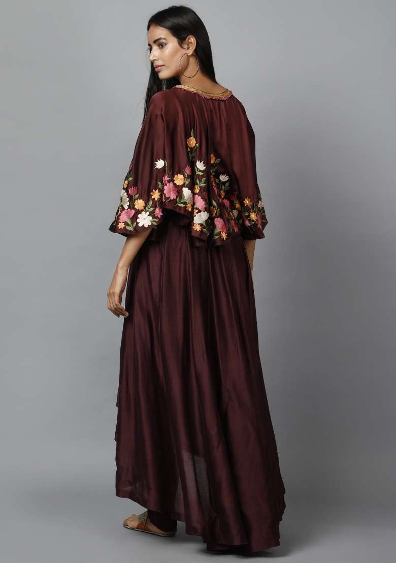 Maroon Thread Work Satin Kurta Set  - Indya
