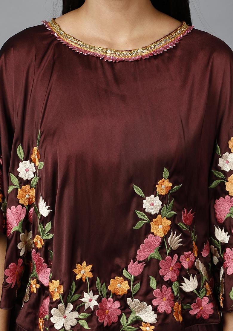 Maroon Thread Work Satin Kurta Set  - Indya