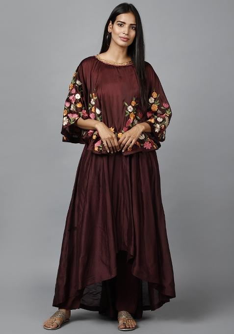 Maroon Thread Work Satin Kurta Set 