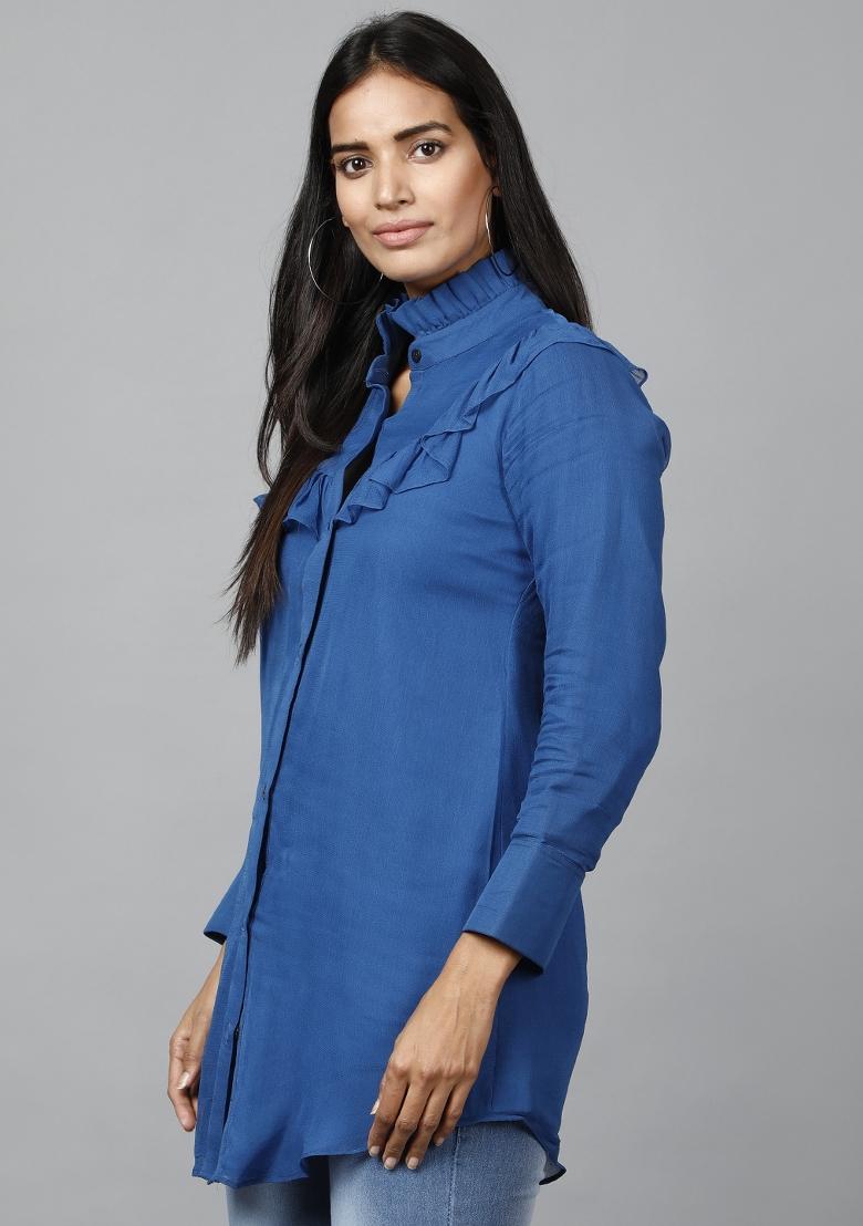 Cobalt Blue Georgette Shirt - Indya