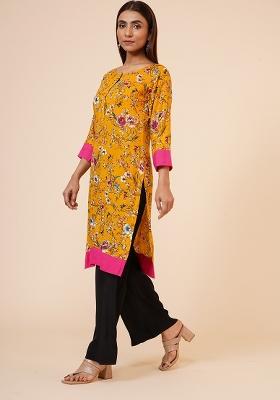 Mustard Floral Print Rayon Kurta