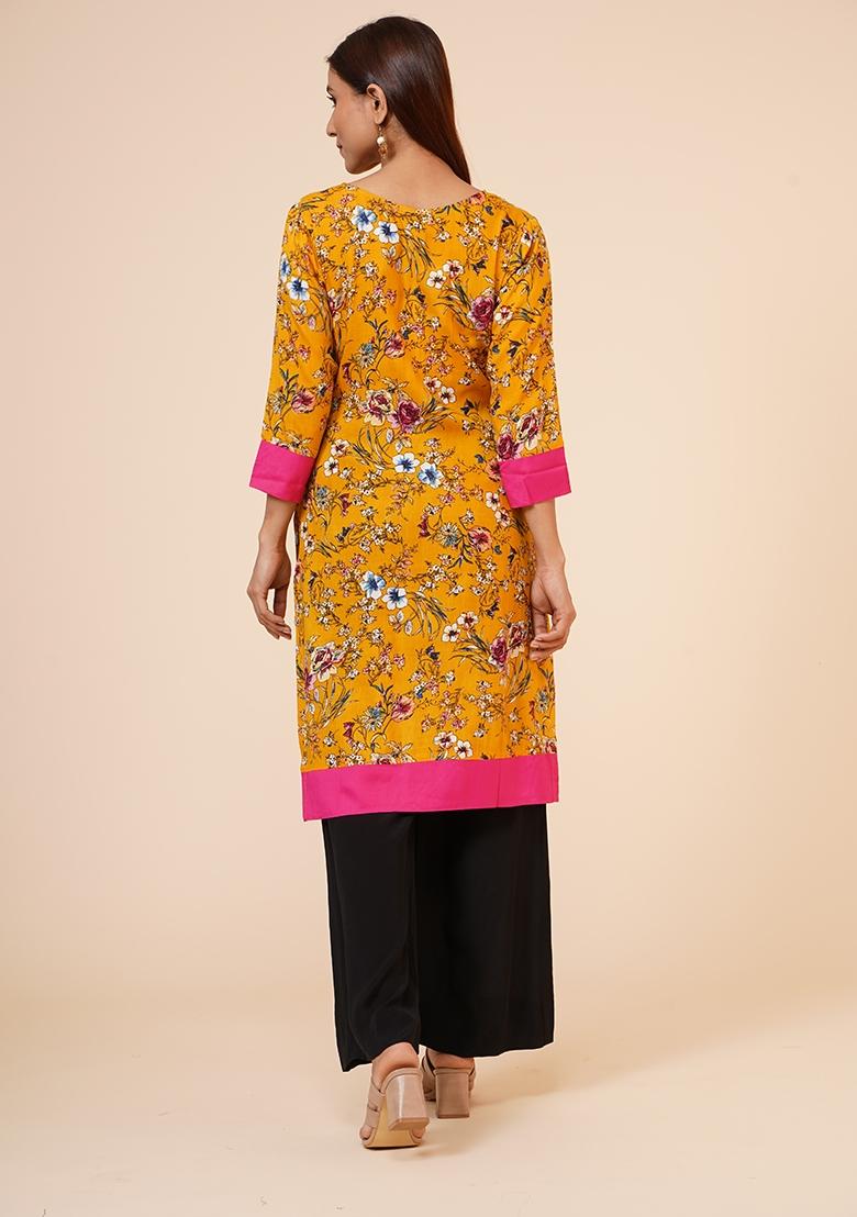 Mustard Floral Print Rayon Kurta - Indya