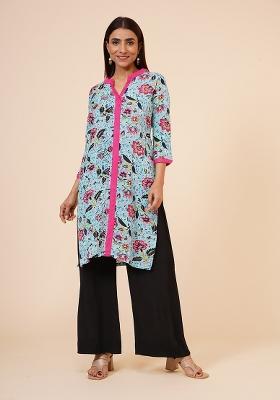 Blue Floral Print Rayon Kurta