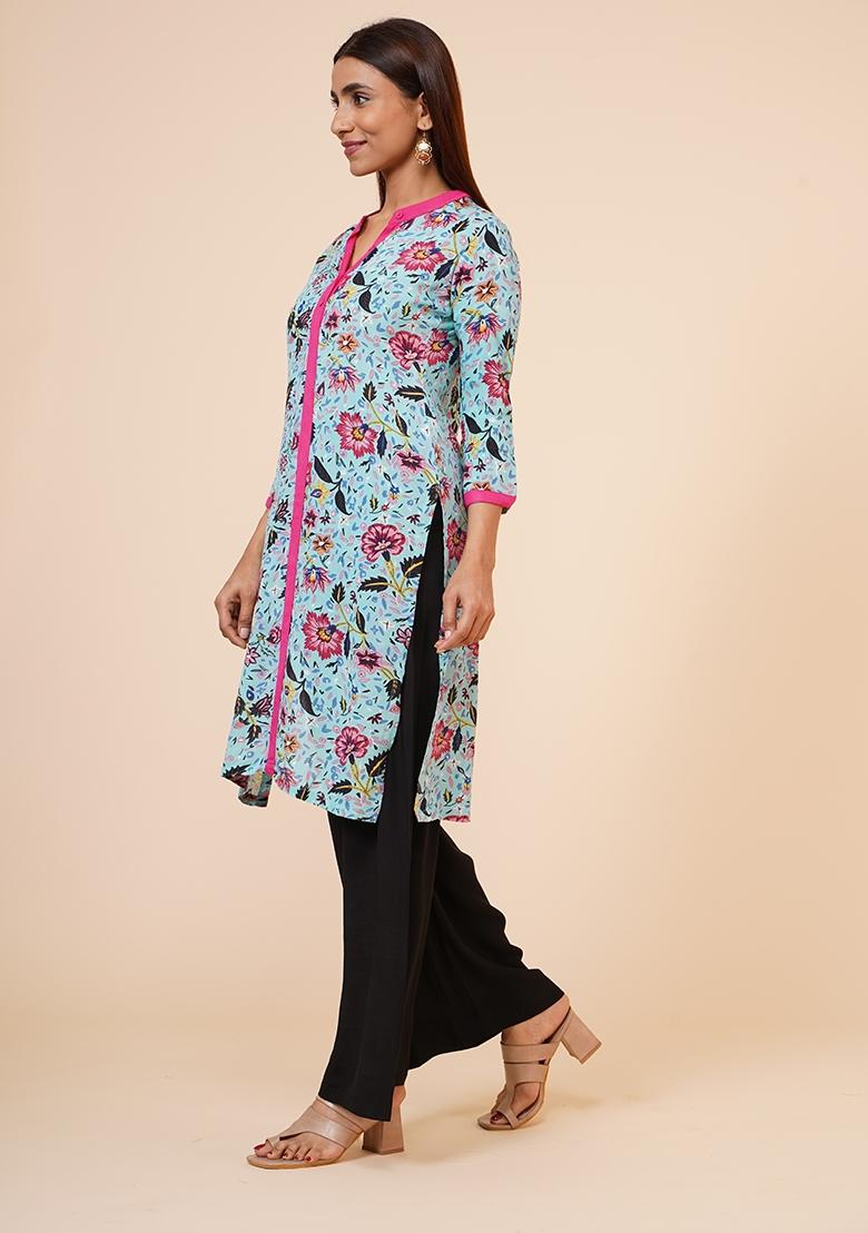 Blue Floral Print Rayon Kurta - Indya