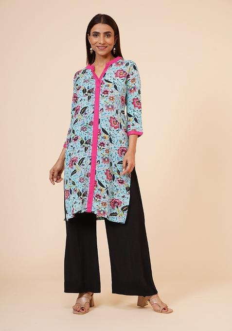 Blue Floral Print Rayon Kurta