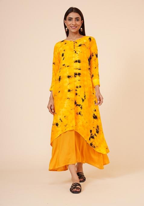 Mustard Tie And Dye Rayon Kurta