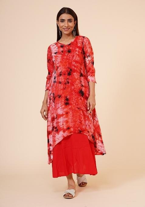 Red Tie And Dye Rayon Kurta