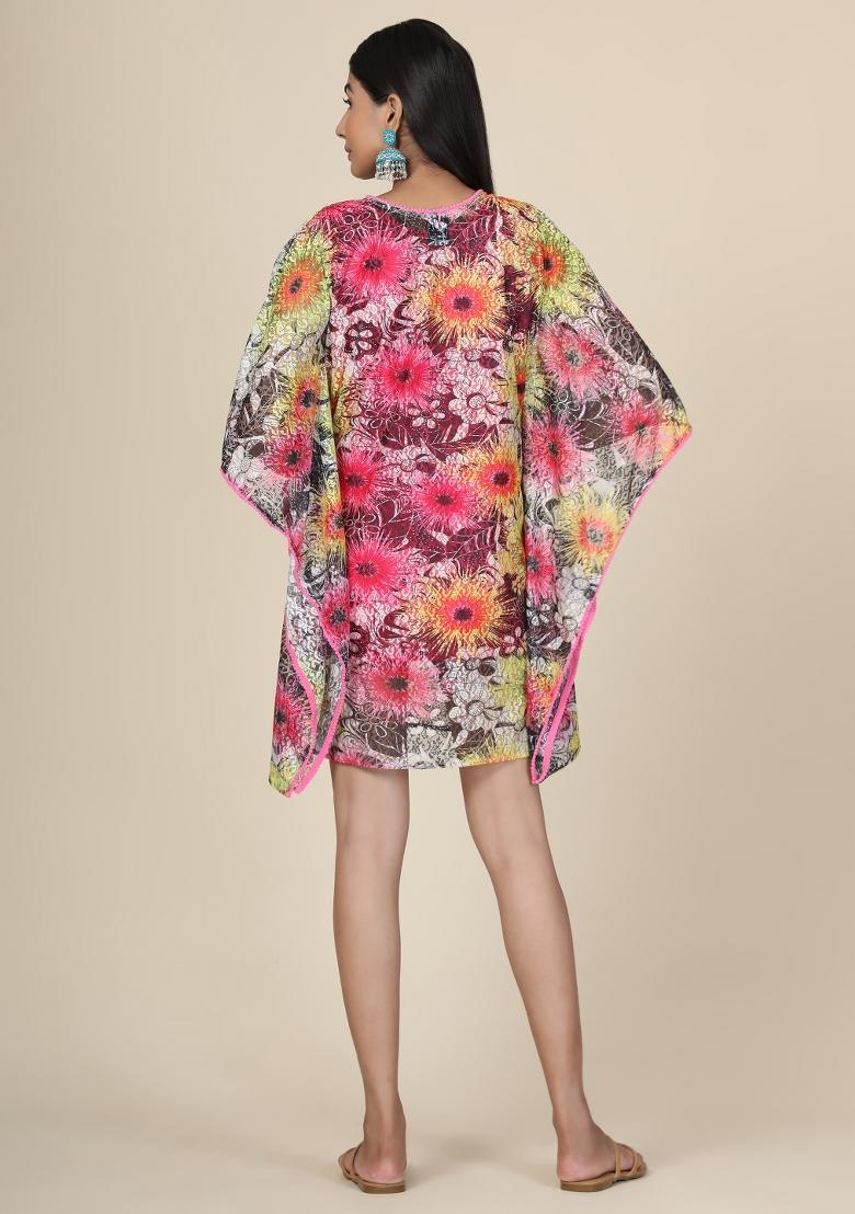 Pink And Lemon Printed Net Kaftan - Indya