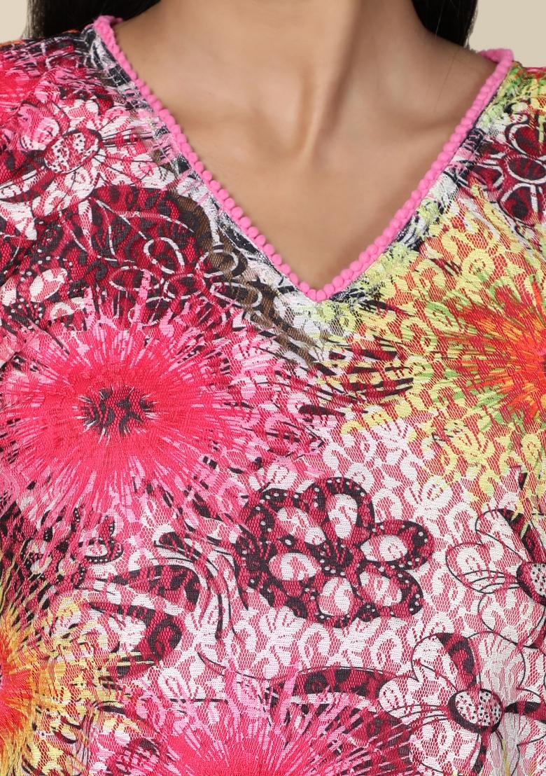 Pink And Lemon Printed Net Kaftan - Indya
