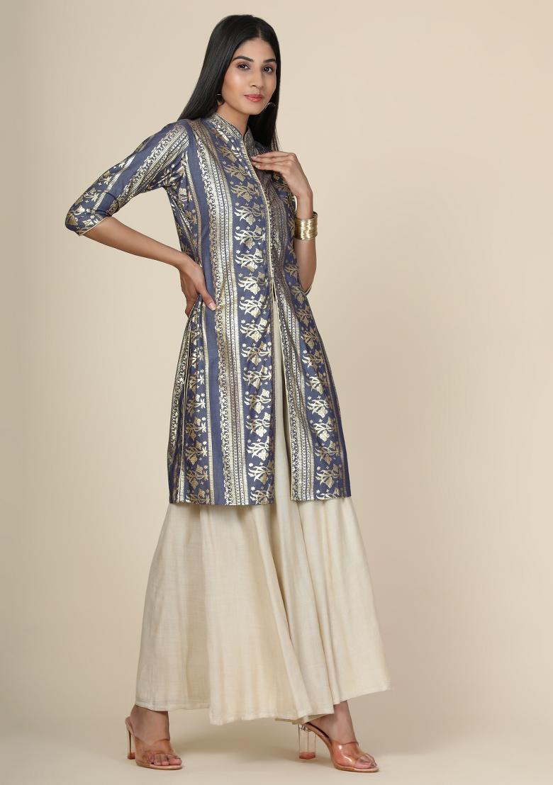 Grey Printed Rayon Kurta - Indya