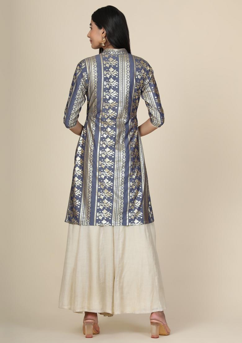 Grey Printed Rayon Kurta - Indya