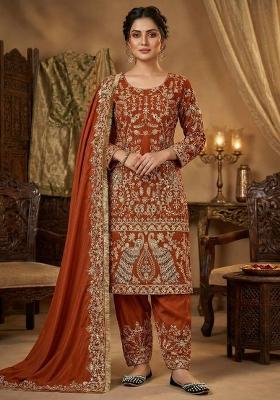Orange Embroidered Crepe Kurta Set