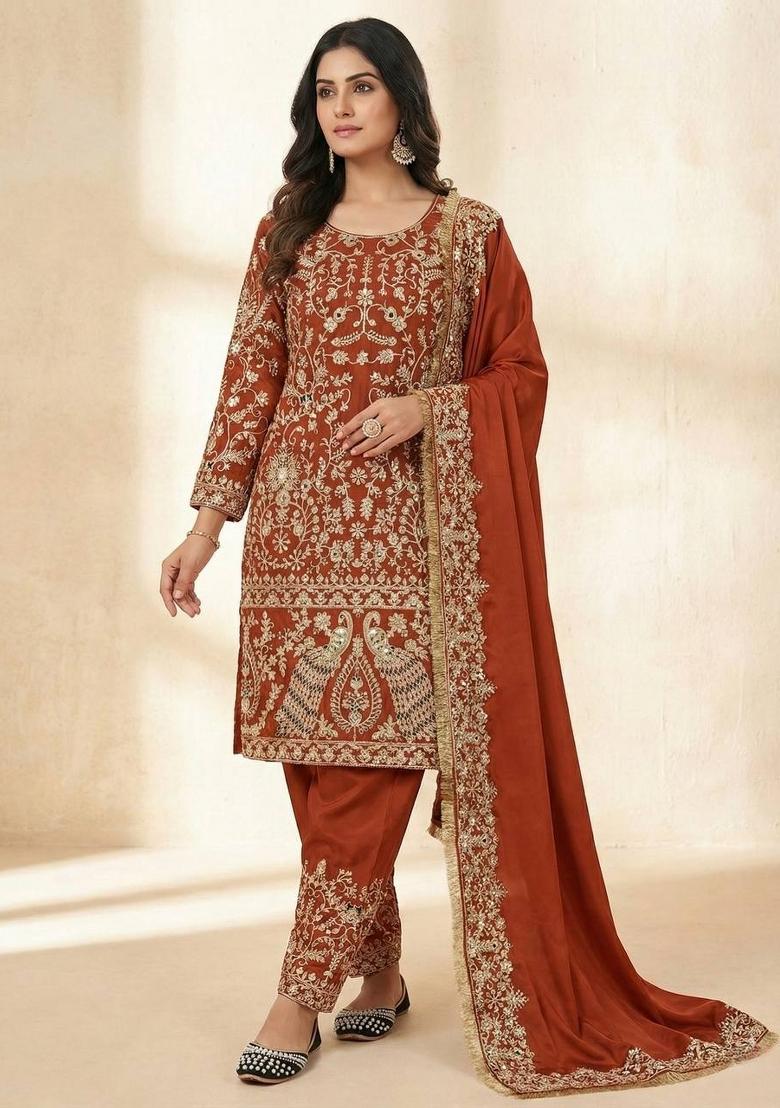 Orange Embroidered Crepe Kurta Set - Indya