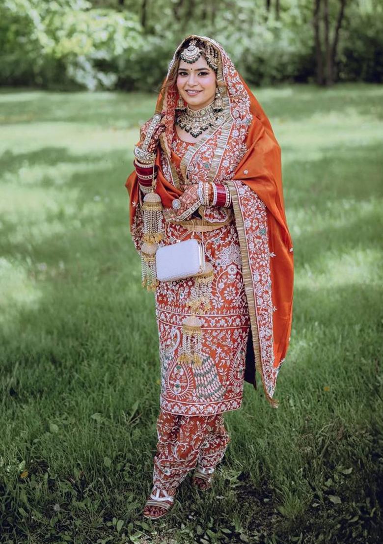 Orange Embroidered Crepe Kurta Set - Indya