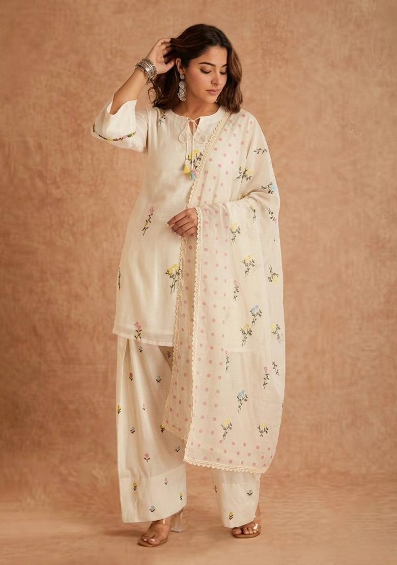 White Embroidered Cotton Kurta Set - Indya
