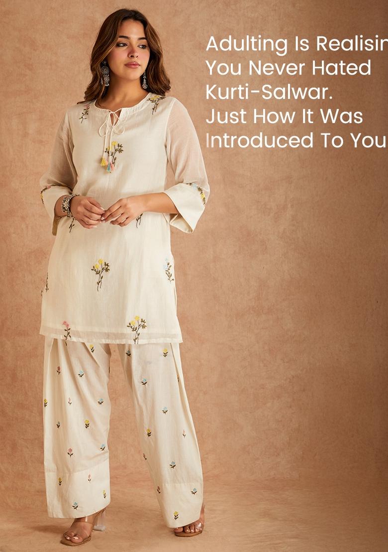 White Embroidered Cotton Kurta Set - Indya