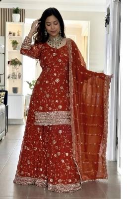 Orange Embroidered Silk Kurta Set