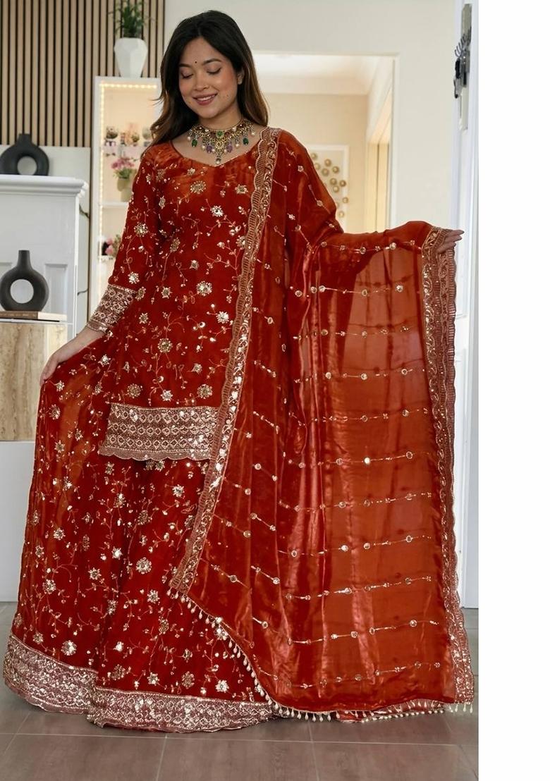 Orange Embroidered Silk Blend Kurta Set - Indya
