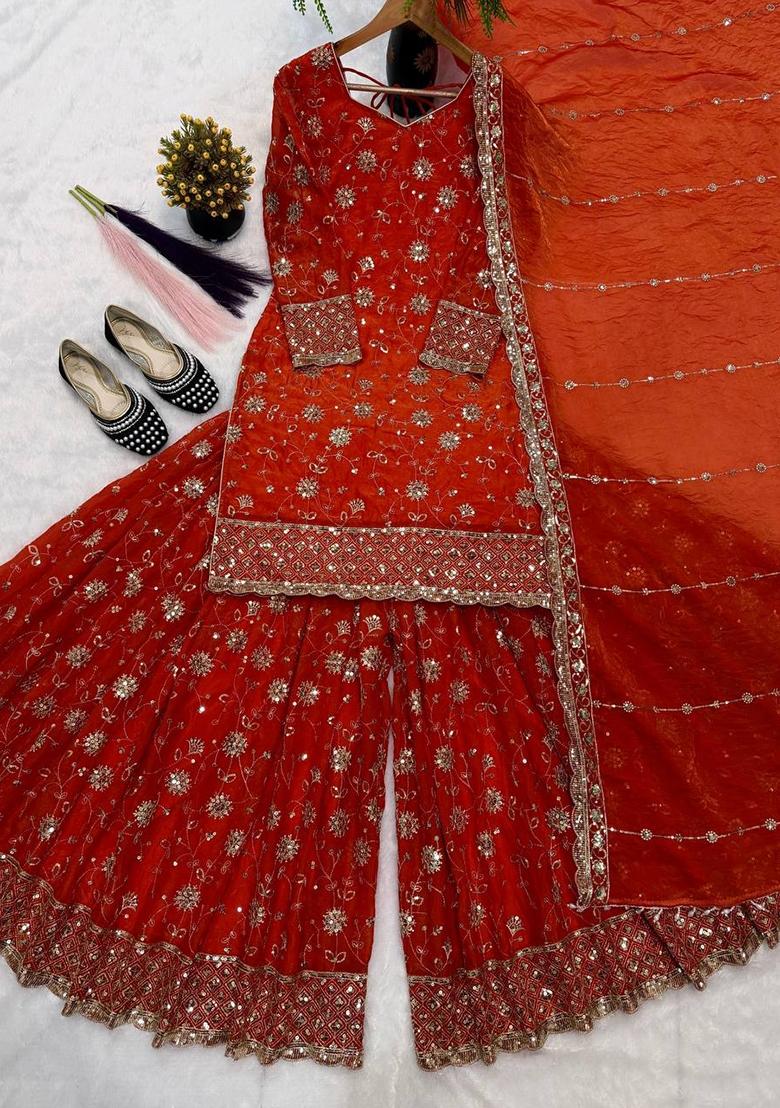 Orange Embroidered Silk Blend Kurta Set - Indya