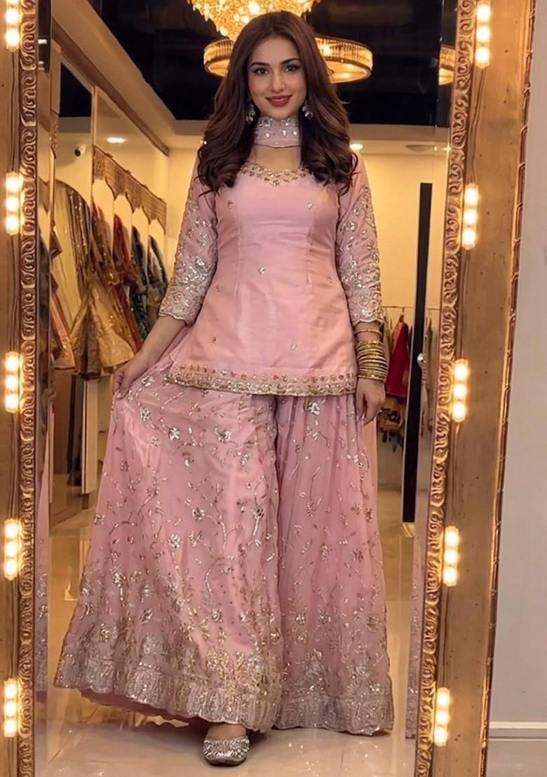 Light Pink Embroidered Silk Blend Kurta Set - Indya