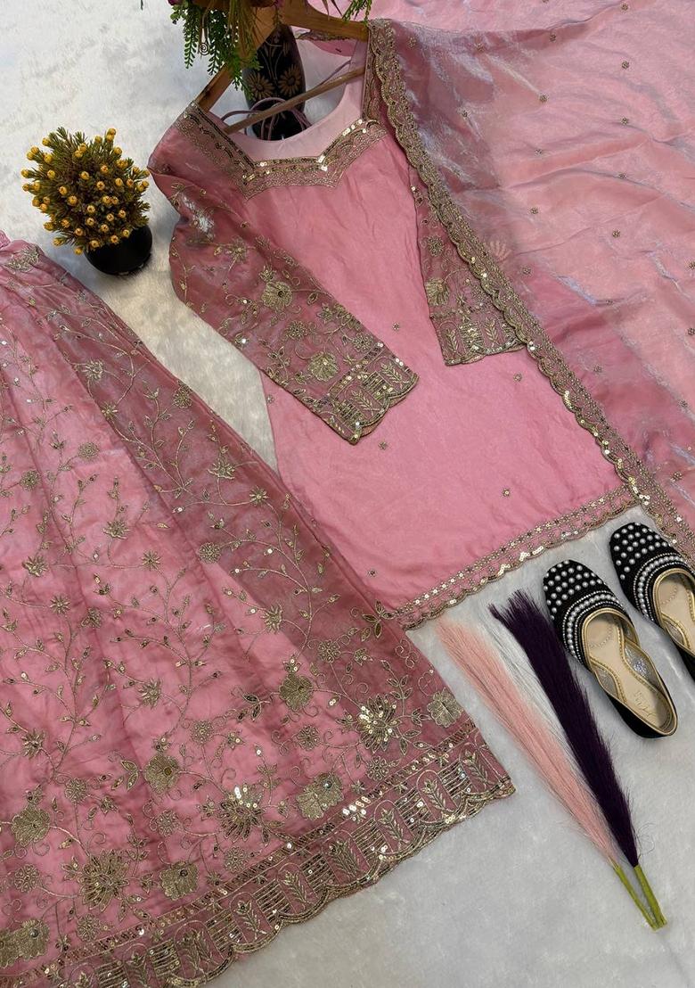 Light Pink Embroidered Silk Blend Kurta Set - Indya