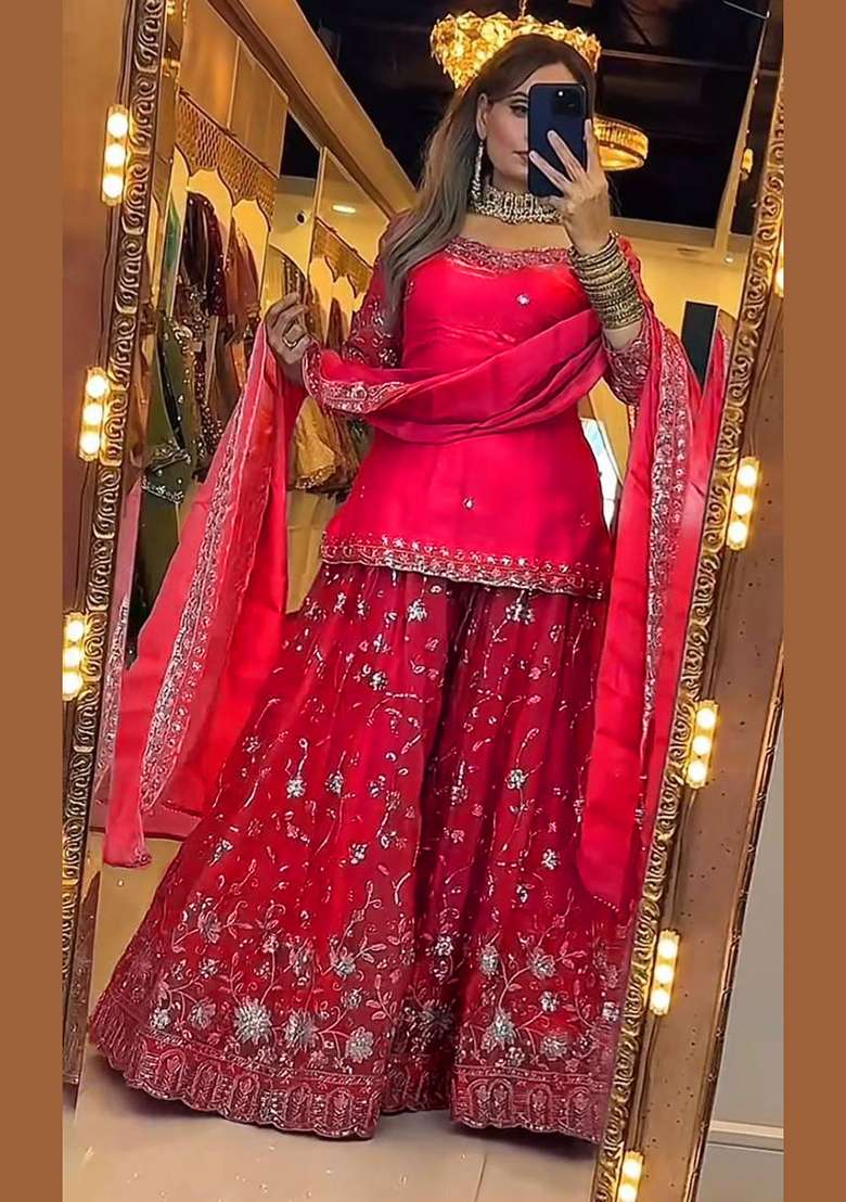 Pink Embroidered Silk Blend Kurta Set - Indya