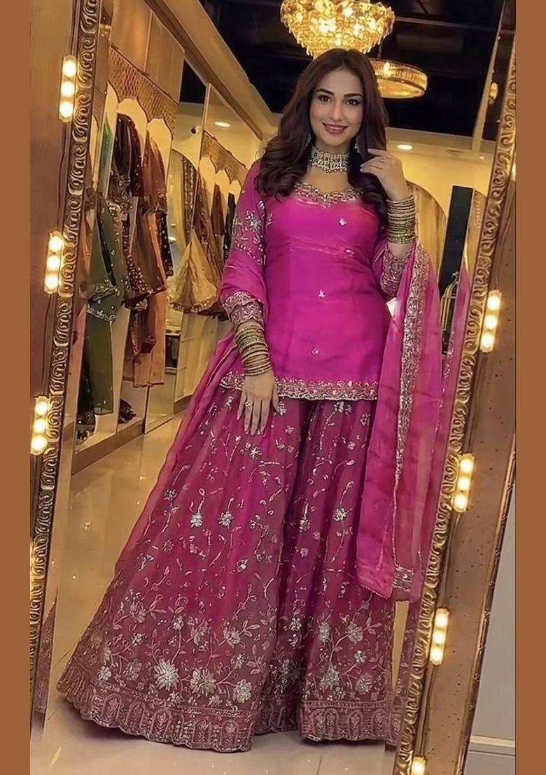Pink Embroidered Silk Blend Kurta Set - Indya