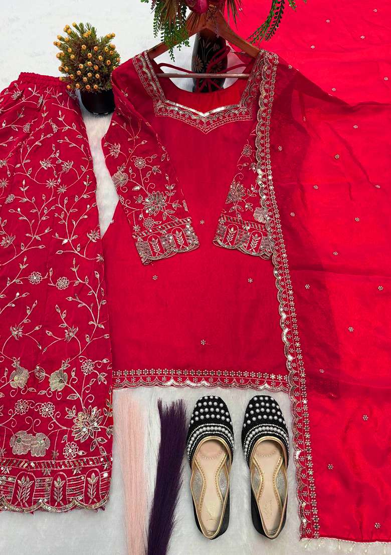 Pink Embroidered Silk Blend Kurta Set - Indya