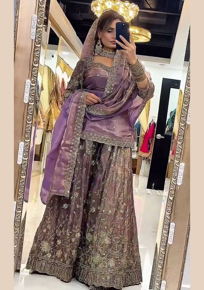 Purple Embroidered Silk Blend Kurta Set - Indya