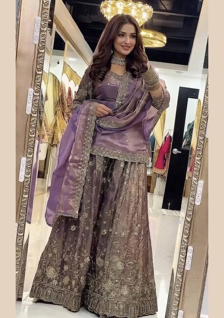 Purple Embroidered Silk Blend Kurta Set - Indya