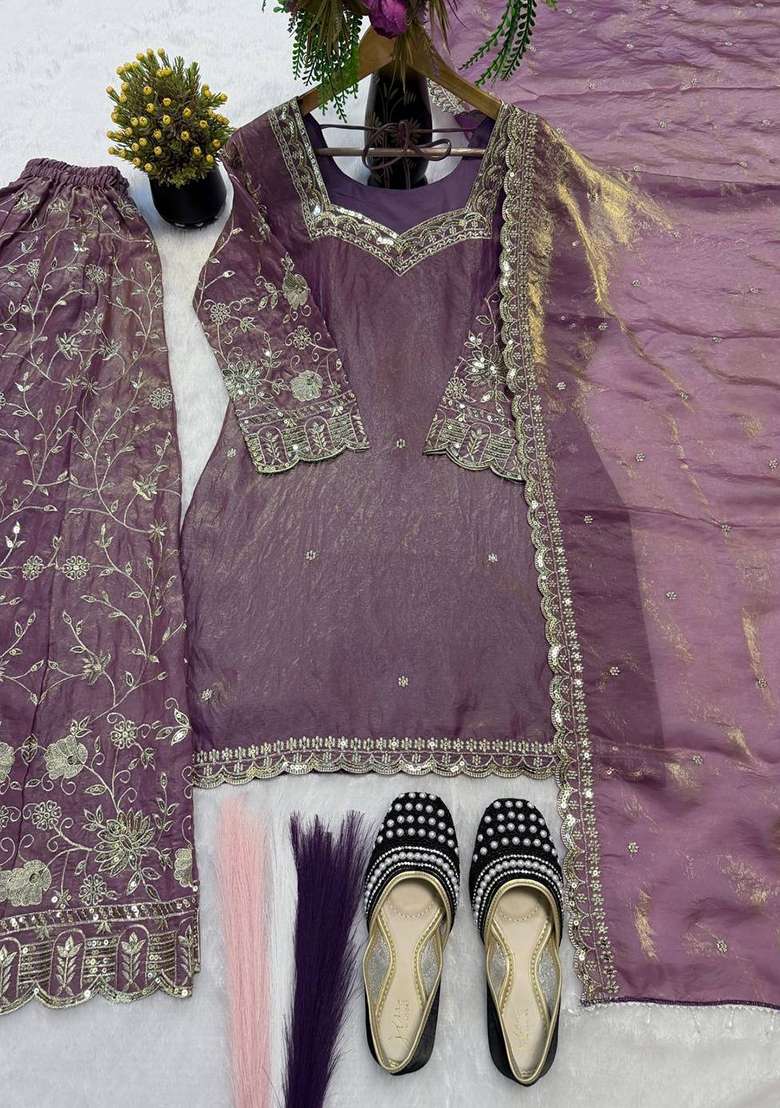 Purple Embroidered Silk Blend Kurta Set - Indya