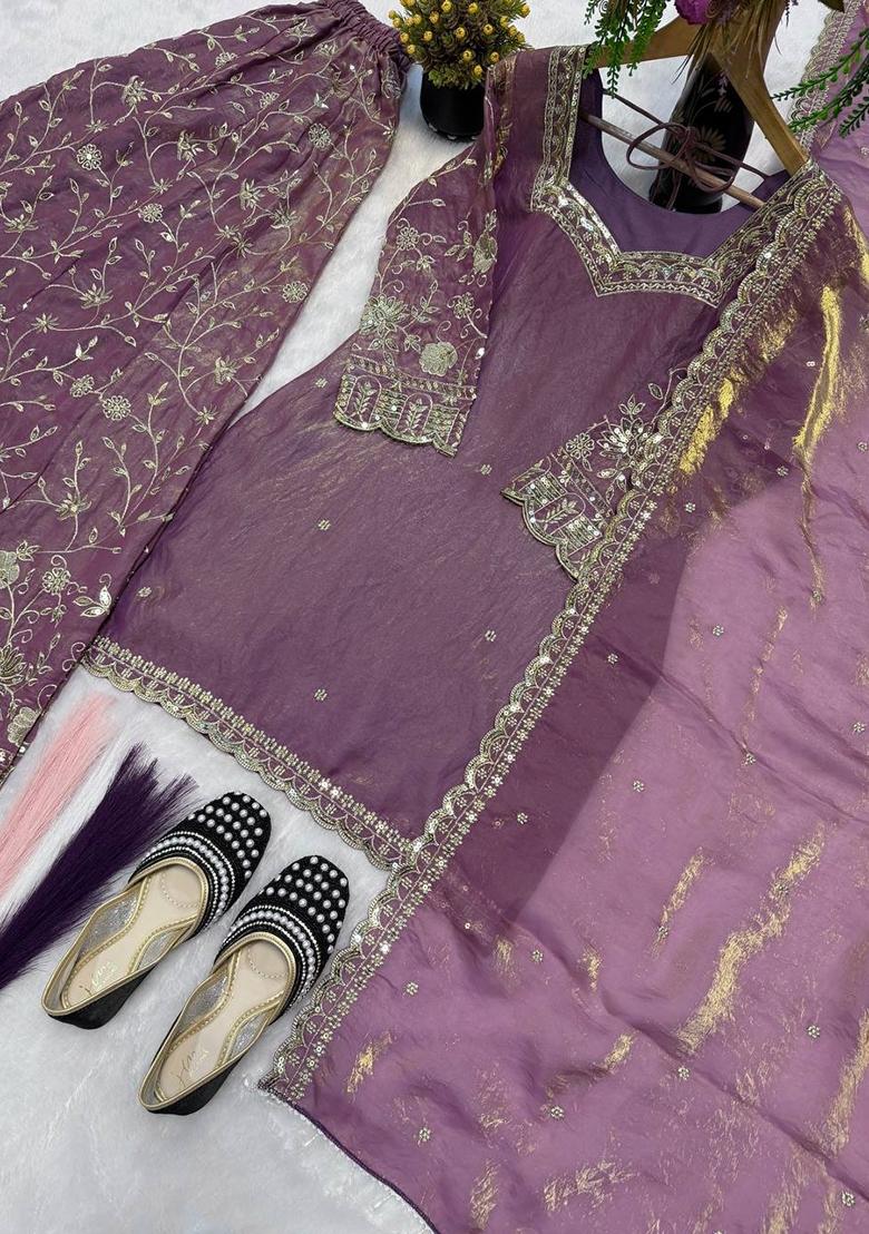 Purple Embroidered Silk Blend Kurta Set - Indya