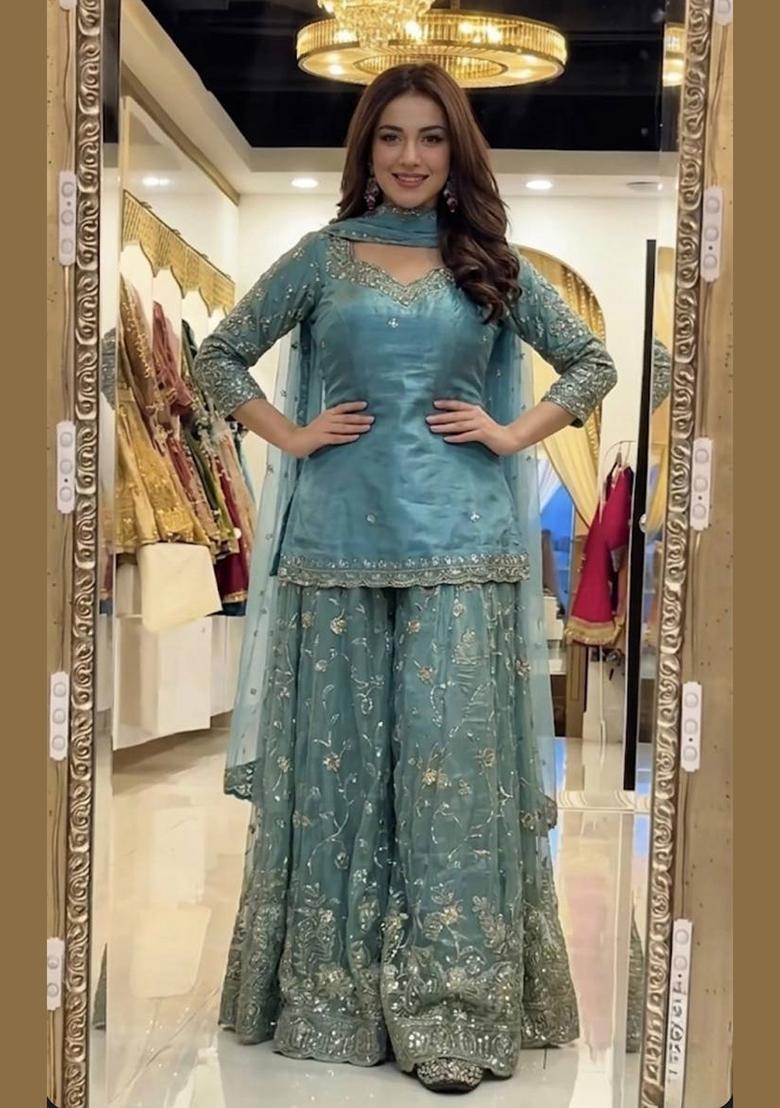 Sky Blue Embroidered Silk Blend Kurta Set - Indya