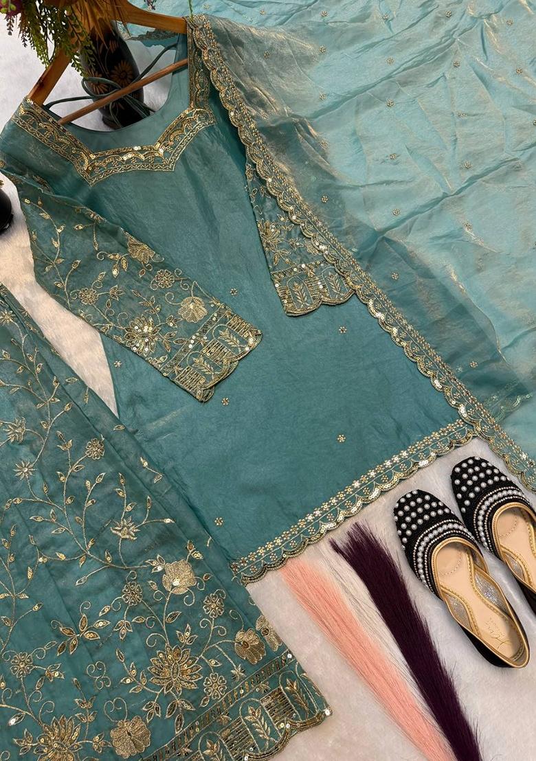 Sky Blue Embroidered Silk Blend Kurta Set - Indya