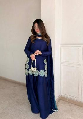 Blue Embroidered Crepe Kurta Set