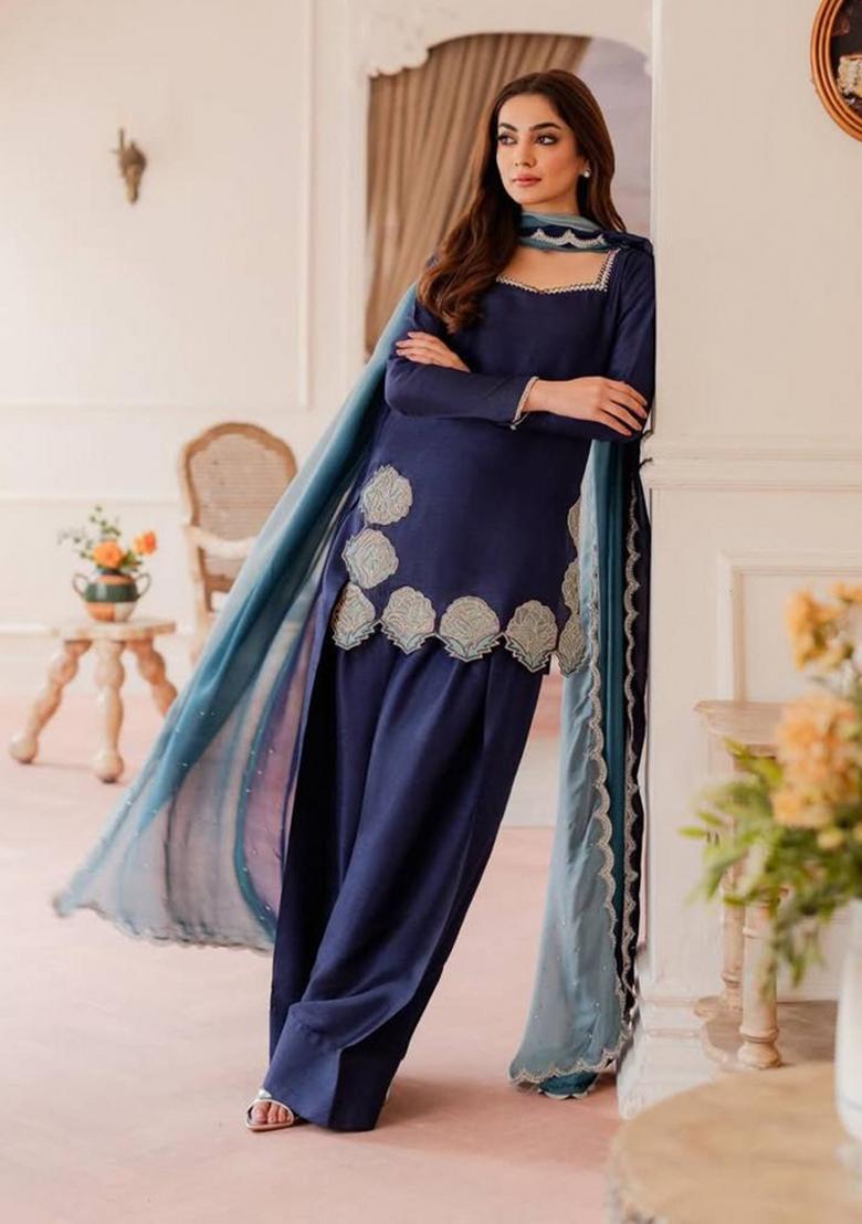 Blue Embroidered Crepe Kurta Set - Indya