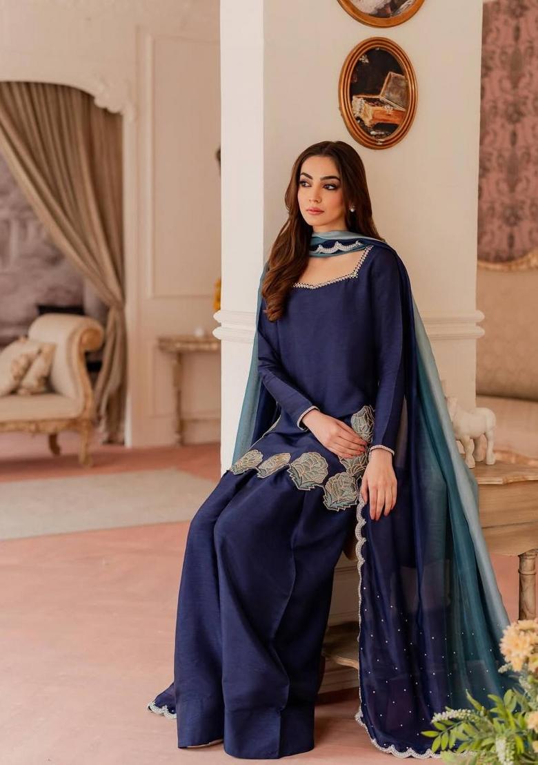 Blue Embroidered Crepe Kurta Set - Indya