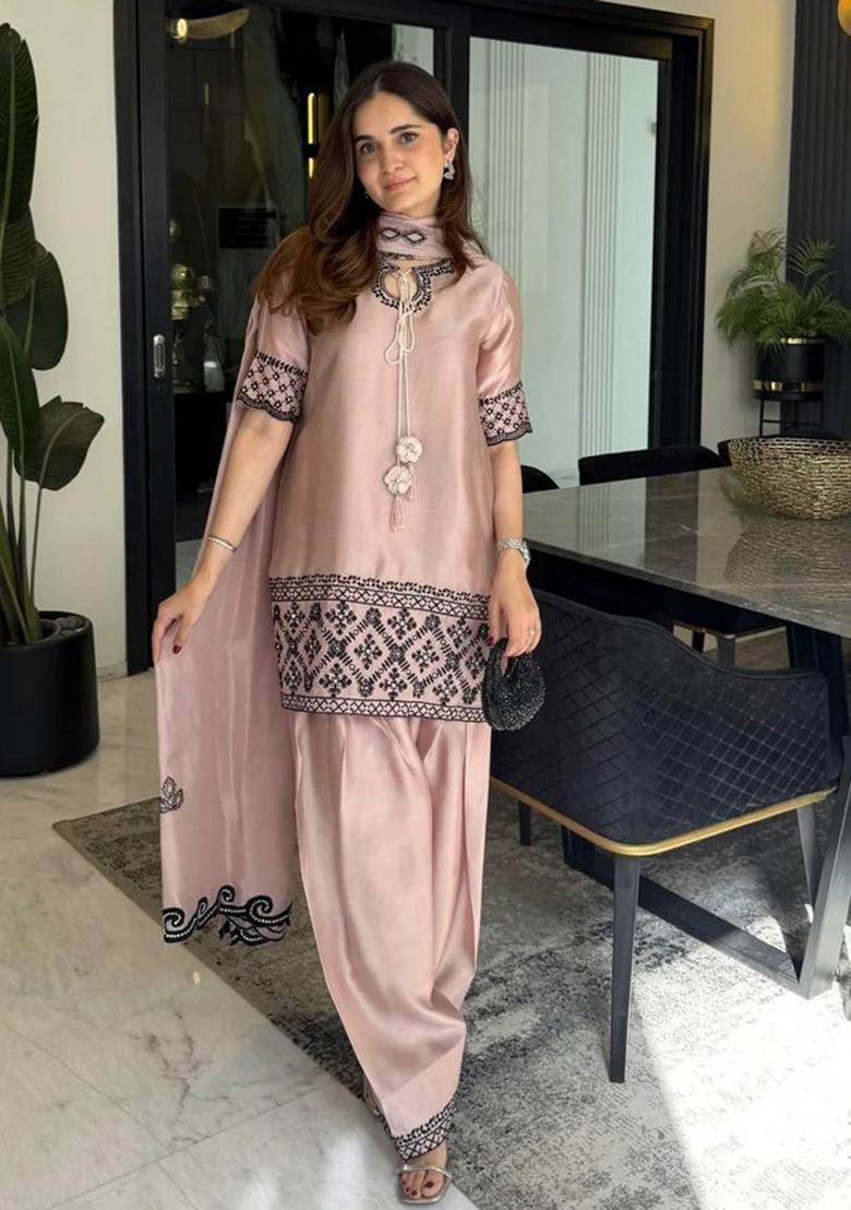 Chocolate Embroidered Crepe Kurta Set - Indya