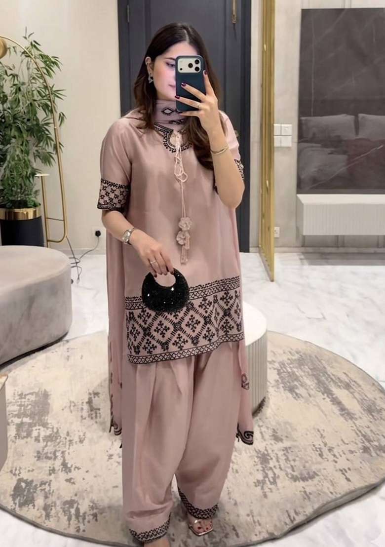 Chocolate Embroidered Crepe Kurta Set - Indya