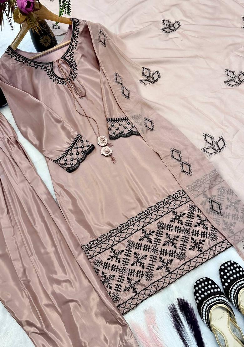 Chocolate Embroidered Crepe Kurta Set - Indya