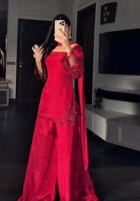 Red Embroidered Crepe Kurta Set